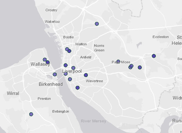 A map with dots highlighting specific areas
